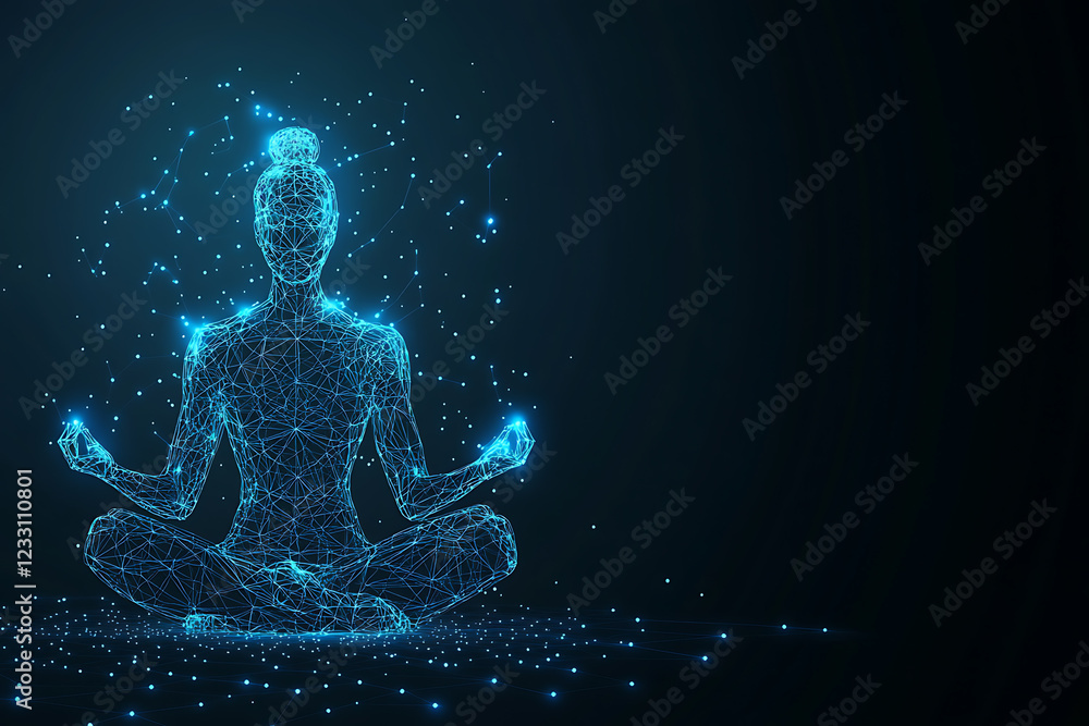 Glowing wireframe of a person in a meditative pose, representing technology and mindfulness Glowing wireframe of a person in a meditative pose, representing technology and mindfulness