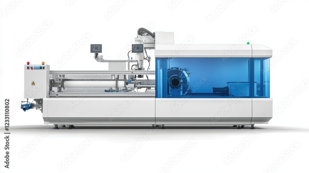 A modern injection molding machine with product samples on a smooth white background. A modern injection molding machine with product samples on a smooth white background.