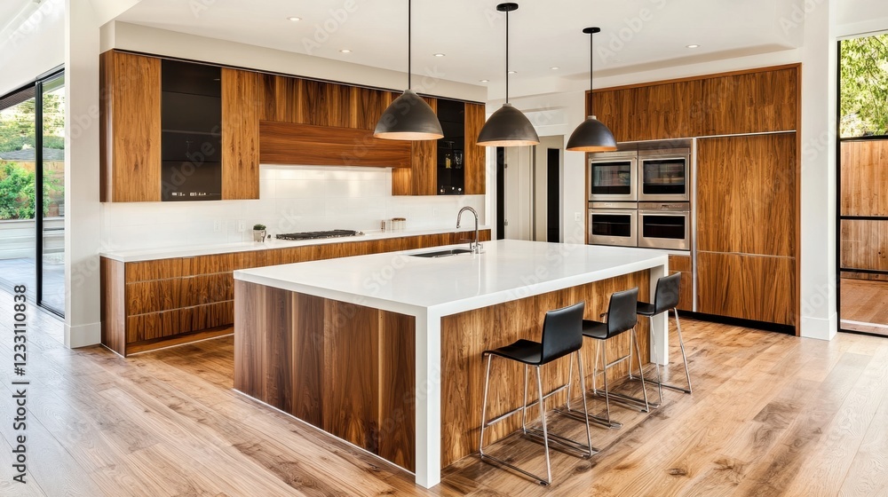 Fototapeta premium A modern kitchen featuring a central island with bar stools, sleek countertops, and pendant lighting, top view.