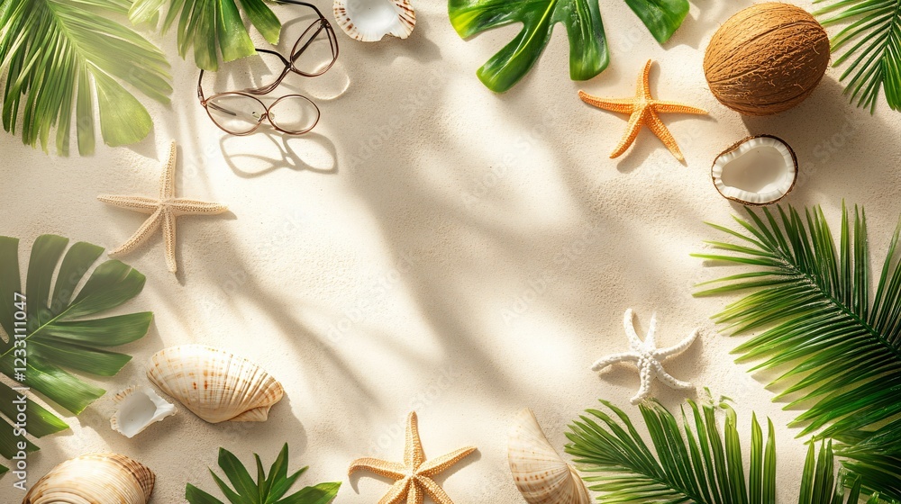 Tropical Beach Scene With Shells Starfish And Sunglasses Tropical Beach Scene With Shells Starfish And Sunglasses