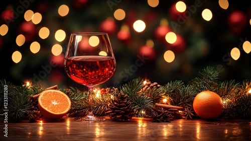 Festive Red Wine with Holiday Decor on Table