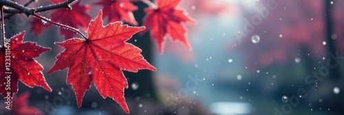 Frozen crimson maple leaves sparkle like rubies in frosty morning light, colorful, cold photo