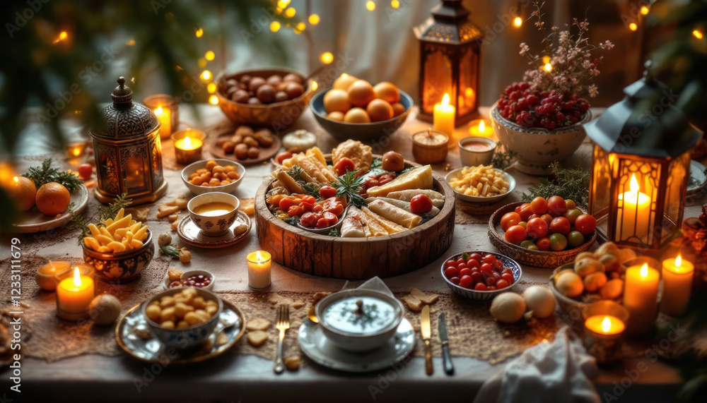 Cozy Festive Dinner Table Setting with Warm Lighting and Delicious Food Cozy Festive Dinner Table Setting with Warm Lighting and Delicious Food