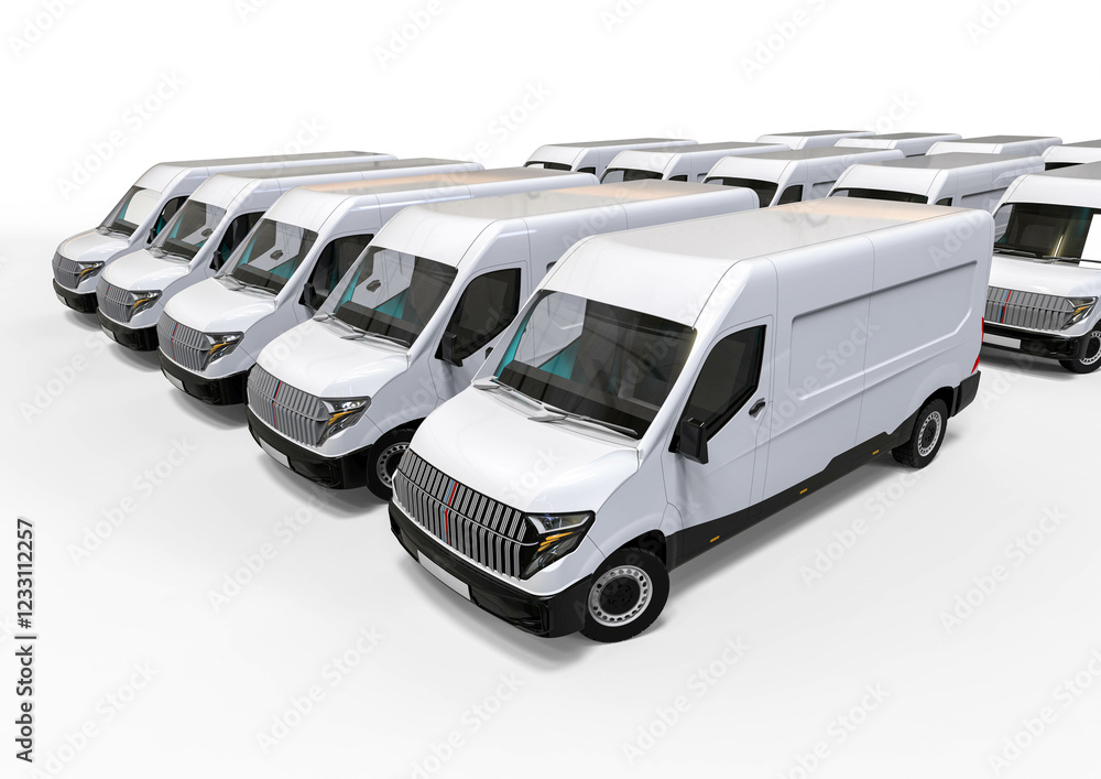 Naklejka premium 3D render image representing a fleet of delivery vans. cars fleet