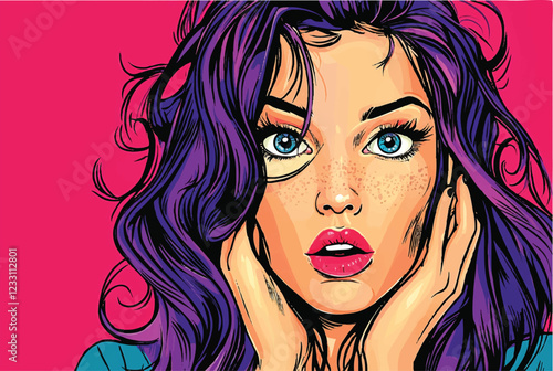 purple hair pop art woman with purple hair on pink background