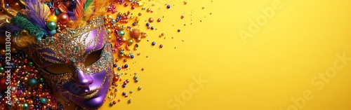 A glittery carnival mask with colorful beads on a bright yellow background. Great for Mardi Gras, celebration, or festive themes.