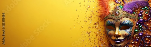 Wallpaper Mural A glittery carnival mask with colorful beads on a bright yellow background. Great for Mardi Gras, celebration, or festive themes. Torontodigital.ca