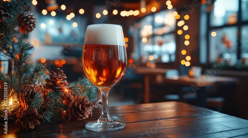 Frosty Beer Glass by Christmas Tree in Cozy Festive Pub