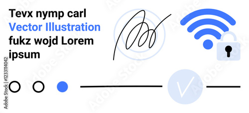 Signature next to a wireless signal and lock icon includes progress bar, loading circles, and a blue check mark. Ideal for security, technology, digital signature, internet privacy, software