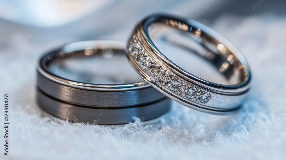 Close-up of elegant wedding rings with diamond details on soft fabric Close-up of elegant wedding rings with diamond details on soft fabric