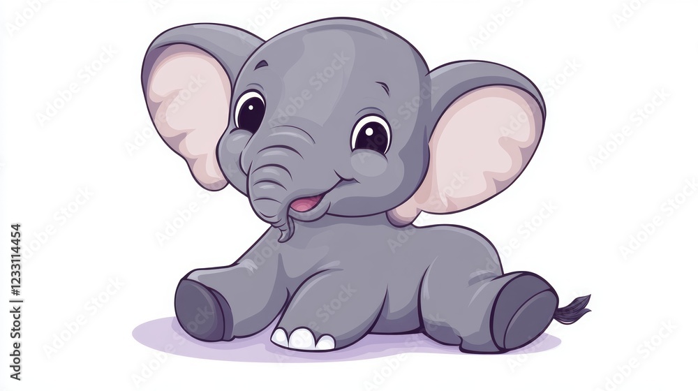 Naklejka premium Cute cartoon baby elephant with big ears sitting on white background