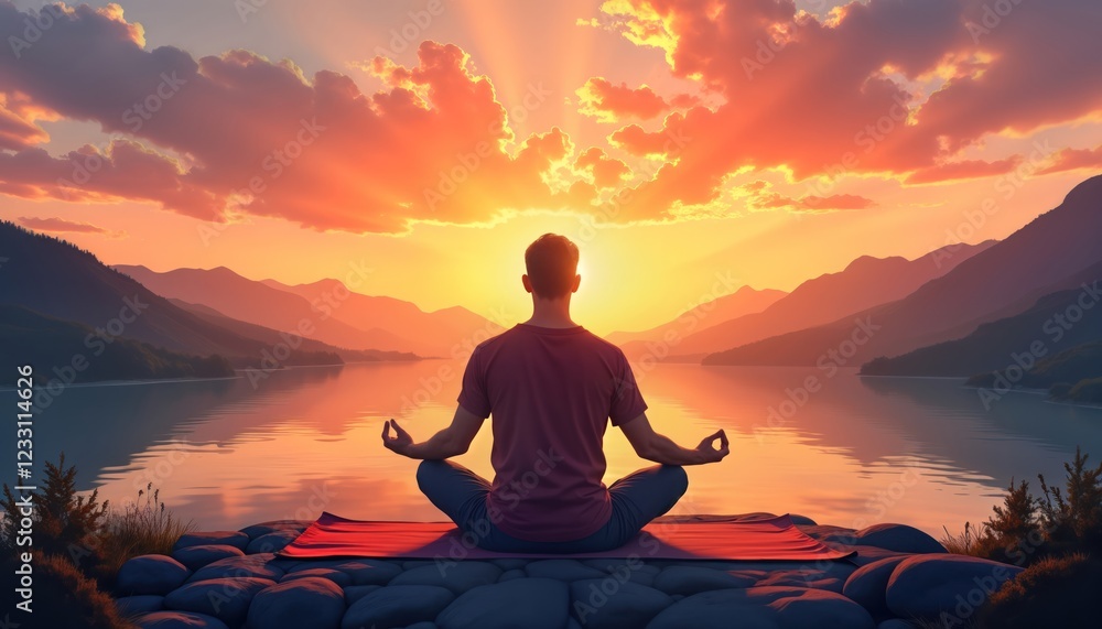 Man meditates in yoga pose near calm lake at sunset. Scenic mountain landscape. Person sits on mat on rocks by water. Peaceful moment. Tranquil nature. Healthy lifestyle. Relaxation. Travel concept. Man meditates in yoga pose near calm lake at sunset. Scenic mountain landscape. Person sits on mat on rocks by water. Peaceful moment. Tranquil nature. Healthy lifestyle. Relaxation. Travel concept.