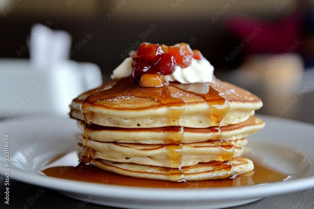 Fluffy pancakes with syrup and fruit topping on plate Fluffy pancakes with syrup and fruit topping on plate