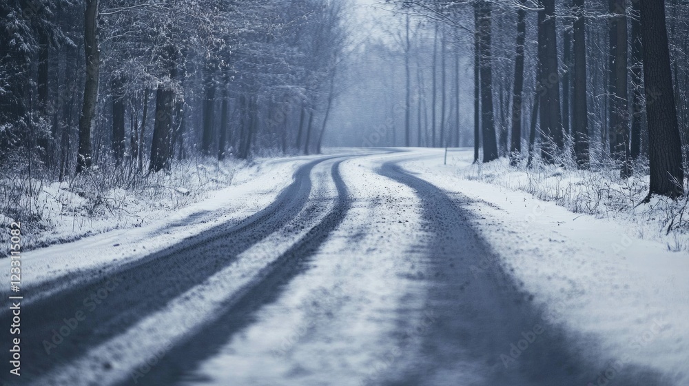 Obraz premium Serene snow-covered forest road in winter