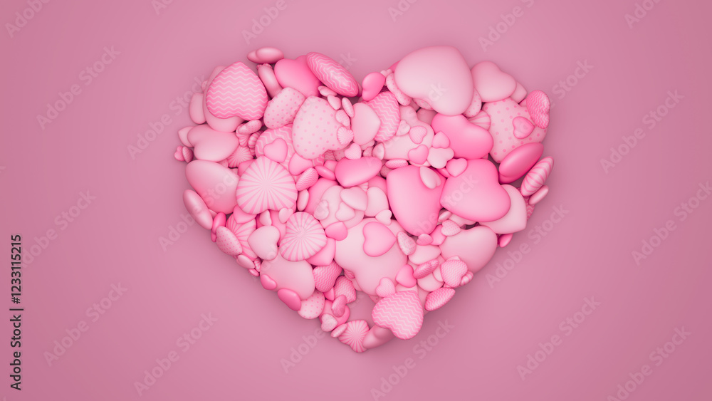 Fototapeta premium Many pink textured hearts in form of a big heart on pink backdrop. Valentine day background. 3d render illustration