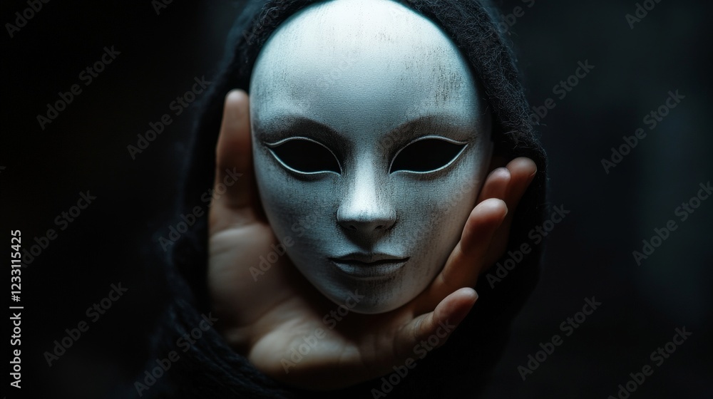 A white minimalist mask held by a hand in a dark, mysterious setting. Ideal for symbolic or theatrical themes. A white minimalist mask held by a hand in a dark, mysterious setting. Ideal for symbolic or theatrical themes.
