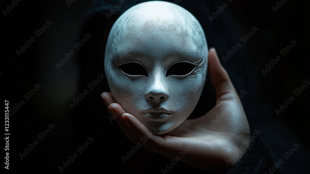 A white minimalist mask held by a hand in a dark, mysterious setting. Ideal for symbolic or theatrical themes. A white minimalist mask held by a hand in a dark, mysterious setting. Ideal for symbolic or theatrical themes.