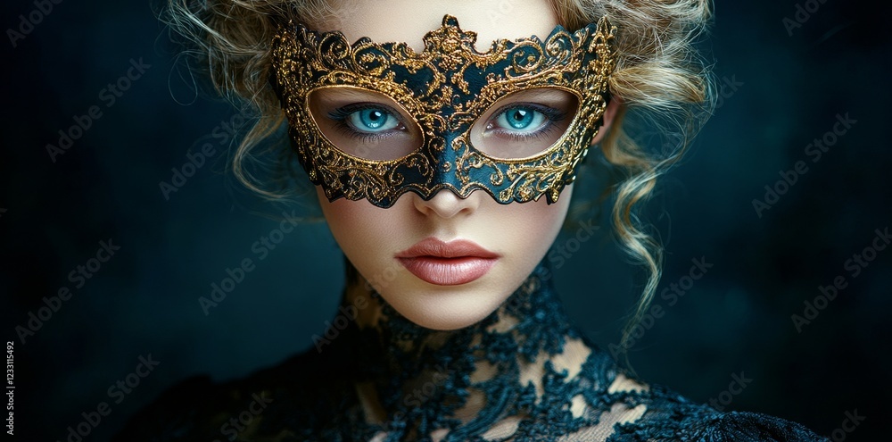 Carnival banner showcasing a young, blond woman in a Venetian mask, posing directly at the camera in a portrait format, leaving plenty of space for additional text. Stock Carnival banner showcasing a young, blond woman in a Venetian mask, posing directly at the camera in a portrait format, leaving plenty of space for additional text. Stock