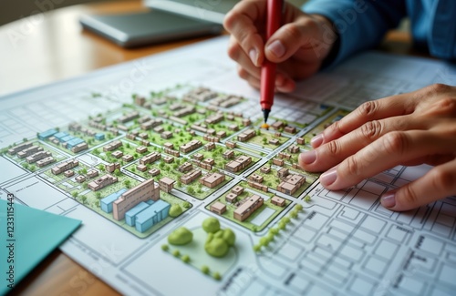 Architect works on imaginary city plan. Person draws on map of imaginary town. Plan shows buildings, roads. Urban planning concept for new residential area. Focuses on details of land register, city