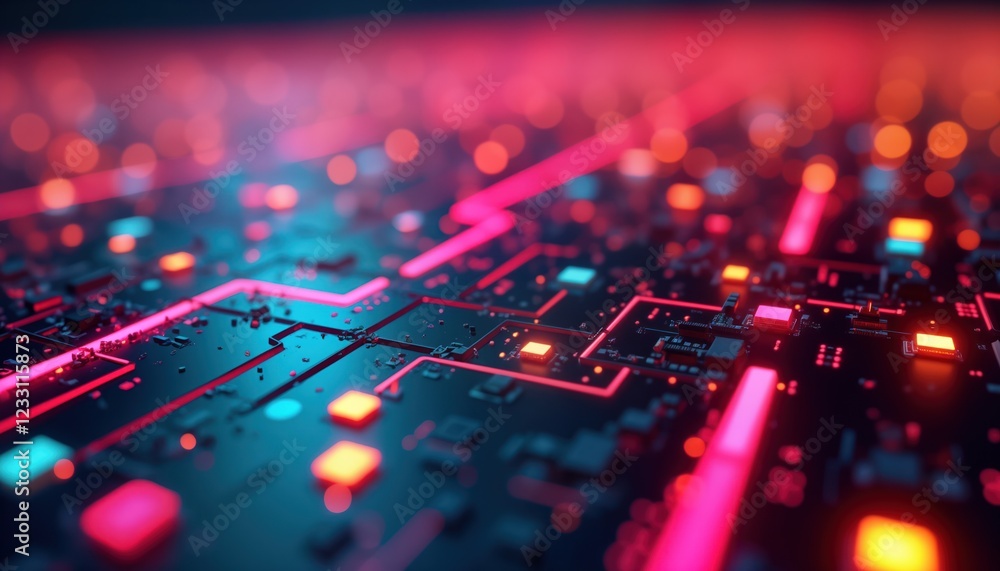 Abstract tech circuit design with vibrant neon glow. Colorful lines, components create futuristic, digital artwork. Glowing glitch effect on dark background. Photo evokes concept of innovative tech, Abstract tech circuit design with vibrant neon glow. Colorful lines, components create futuristic, digital artwork. Glowing glitch effect on dark background. Photo evokes concept of innovative tech,