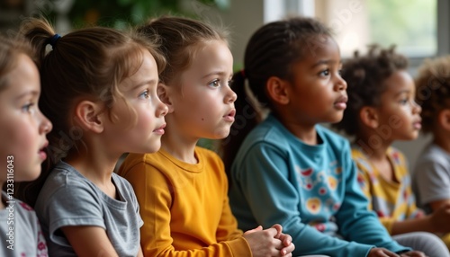 Diverse group of children attentively listen to a story. Young children are in a classroom or similar setting. They are engrossed in a tale. The scene is heartwarming and promotes inclusion.