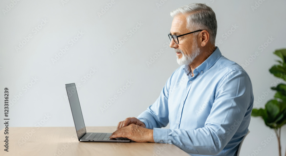A man in a blue shirt is typing on a laptop computer A man in a blue shirt is typing on a laptop computer