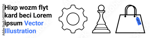 Gear, chess pawn, shopping bag with price tag representing teamwork, strategy, retail, innovation, decision-making, automation and commerce. Ideal for education apps marketing business tools