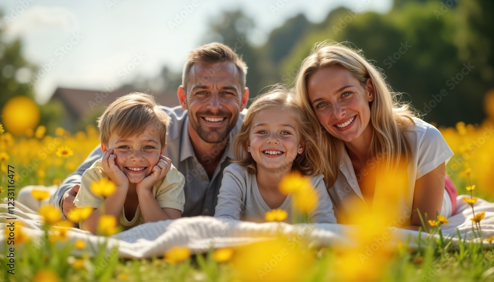 Obraz premium Happy family lies on blanket in yellow flower meadow. Parents, two children smile joyfully. Relaxing spring day. Picnic in park. Nature scenery. Family enjoying nature. Sunshine bright. Family fun.