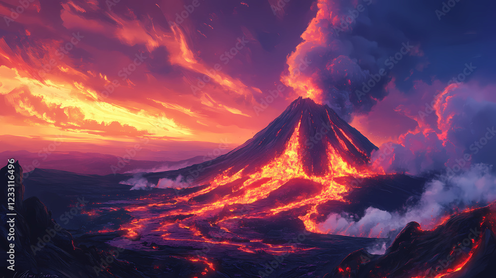 Volcanic eruption landscape with flowing lava and dramatic sky at sunset. Lava Ridge. Illustration Volcanic eruption landscape with flowing lava and dramatic sky at sunset. Lava Ridge. Illustration