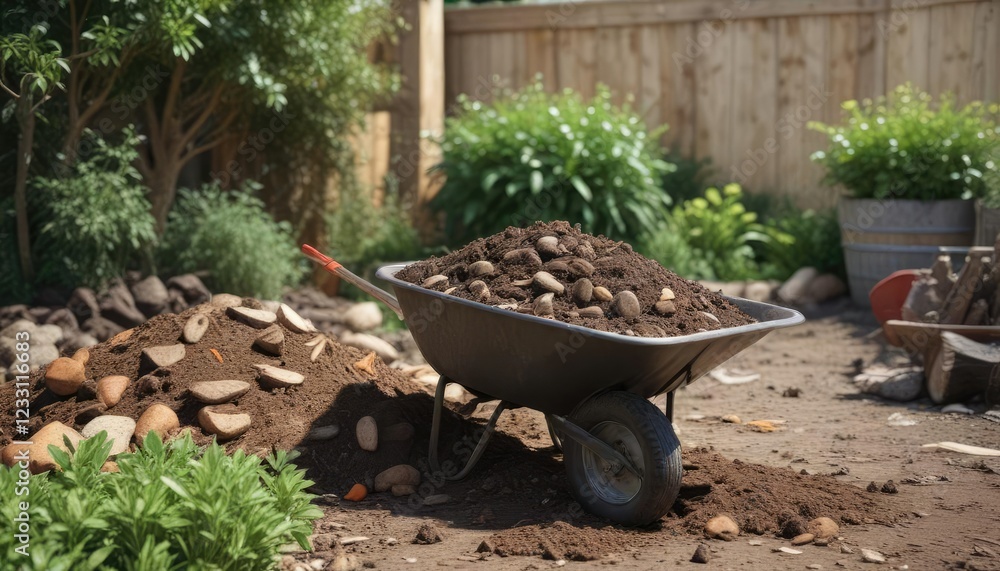 Fototapeta premium Compost pile with earthy tones and garden wheelbarrow in the background, green thumb, compost heap