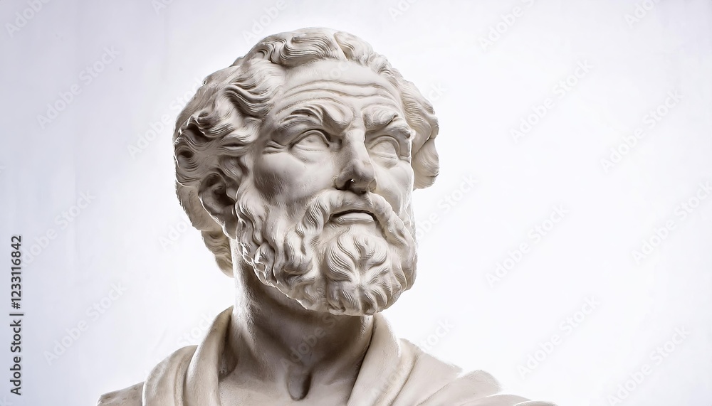 Mighty Aristotle: A Powerful Sculpture on a White Background Mighty Aristotle: A Powerful Sculpture on a White Background