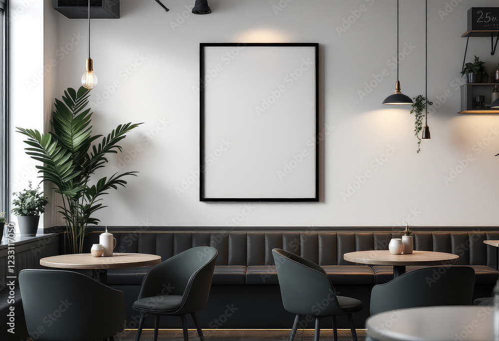 A modern cafe features a black and white color scheme, with a large white framed picture on the wall, green plants, and round tables with black chairs. A4 frame mockup A modern cafe features a black and white color scheme, with a large white framed picture on the wall, green plants, and round tables with black chairs. A4 frame mockup