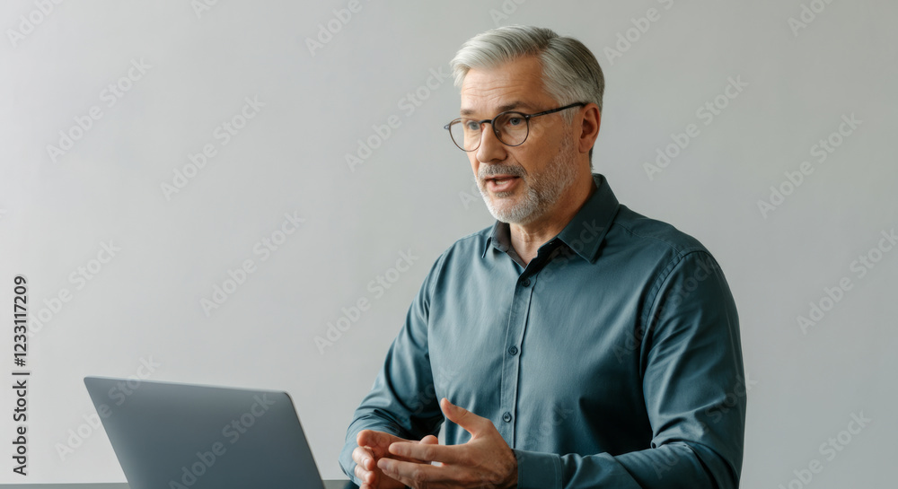 A man wearing glasses is sitting at a desk with a laptop in front of him A man wearing glasses is sitting at a desk with a laptop in front of him
