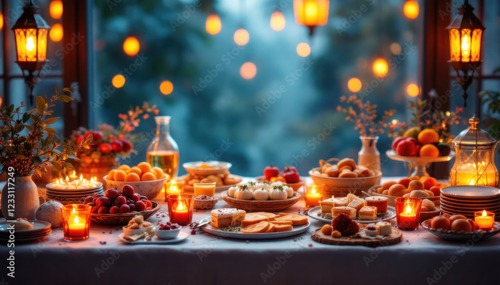 Romantic Dinner Feast: A Table Set for Two Under Warm Candlelight Romantic Dinner Feast: A Table Set for Two Under Warm Candlelight