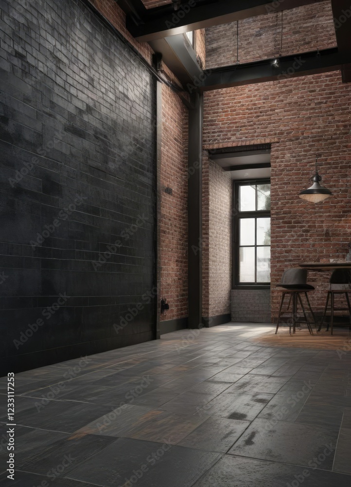 Obraz premium Contemporary loft with glossy black tiles and rustic brick background, interior design, modern, tiles