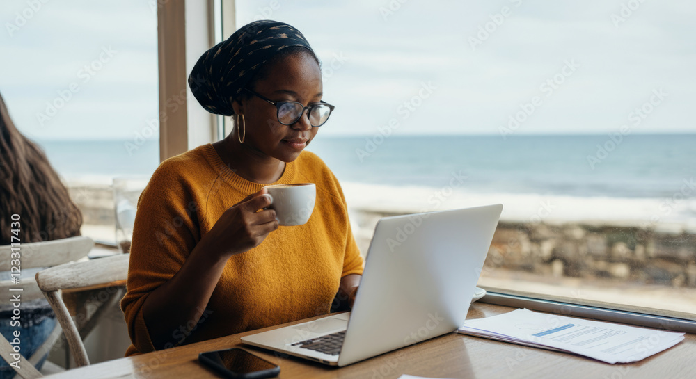 Fototapeta premium A woman wearing glasses and a yellow sweater is sitting at a table with a laptop