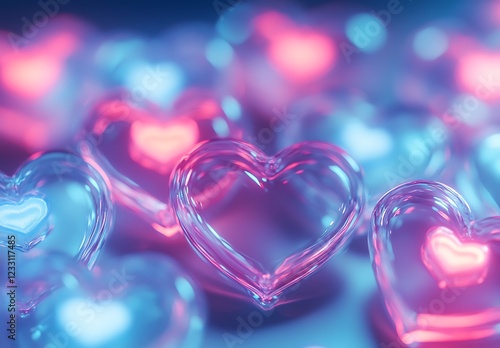 Glowing Neon Pink and Blue Hearts with Bokeh Light Effects