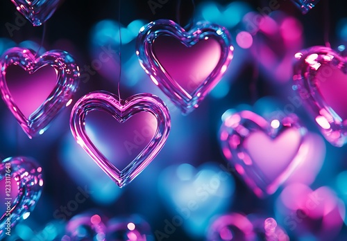 Glowing Neon Pink and Blue Hearts with Bokeh Light Effects