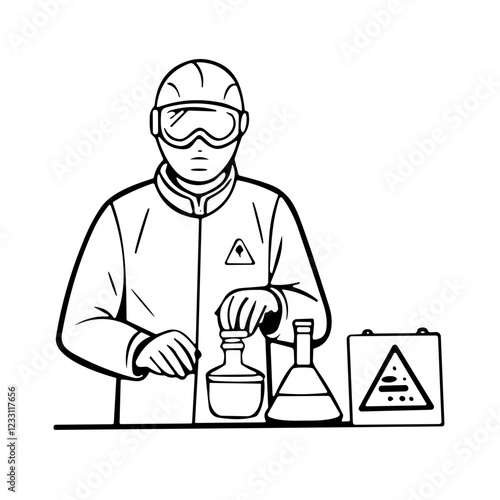 Laboratory technician illustration wearing safety goggles, working with glass laboratory equipment, safety concept