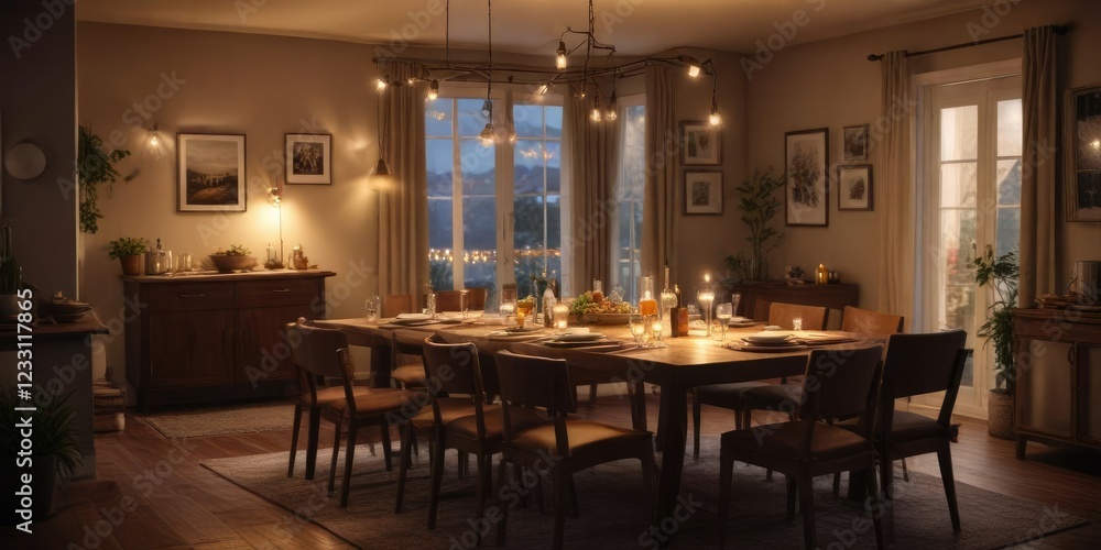Cozy and intimate family dinner at home with soft lighting and comfortable seating , relaxing atmosphere, peaceful evening, quiet moment Cozy and intimate family dinner at home with soft lighting and comfortable seating , relaxing atmosphere, peaceful evening, quiet moment