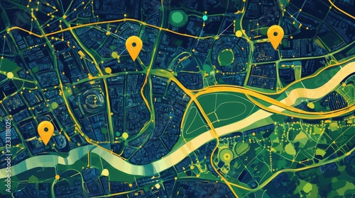 Illustration of London with flat map pins, representing network and connections technology concept.
