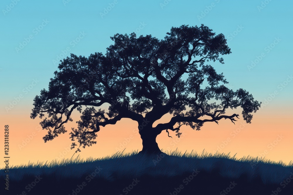 Majestic Oak Tree Silhouetted Against a Sunset Sky Majestic Oak Tree Silhouetted Against a Sunset Sky