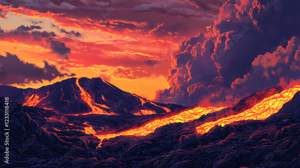 Obraz premium A volcanic eruption with fiery lava flows under a dramatic sunset sky. Lava Ridge. Illustration