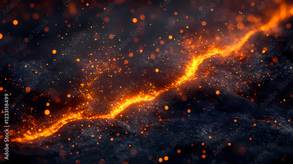 Abstract glowing particles and illuminated ridges resembling a fiery surface on a dark textured background. Lava Ridge. Illustration Abstract glowing particles and illuminated ridges resembling a fiery surface on a dark textured background. Lava Ridge. Illustration