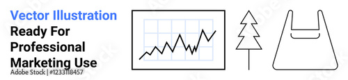 Chart with upward trend, tree symbol, and shopping bag outline. Ideal for eco-friendly themes, business growth, environmental conservation, retail branding, data visualization, circular economy flat