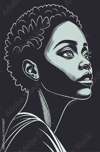 A dark-skinned woman with brown eyes in black and turquoise tones on a dark background demonstrates aesthetics and individuality
