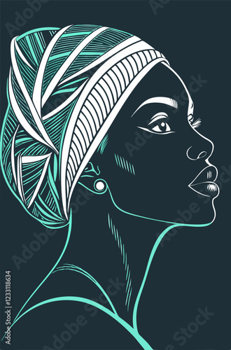 The atmosphere and emotions in the portrait of a dark-skinned woman with brown eyes in black and turquoise tones on a dark background captivate the eye
