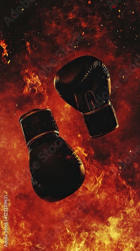 Flaming Boxing Gloves on a World Map Symbolizing International Contest photo