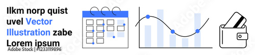 Business team strategizing using calendar, trend graph, and wallet. Ideal for project management, financial planning, data analysis, time management, budgeting, business strategy digital tools