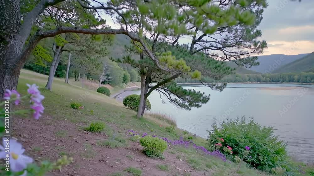 Tranquil Lakeside View Enveloped By Blooming Flowers And Shady Pines Tranquil Lakeside View Enveloped By Blooming Flowers And Shady Pines